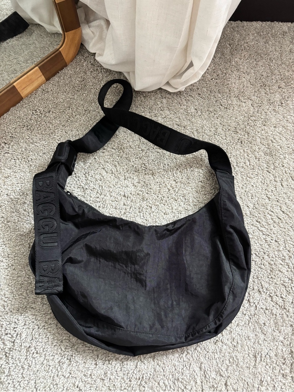BAGGU Black Crescent Nylon Shoulder Bag with Logo Strap